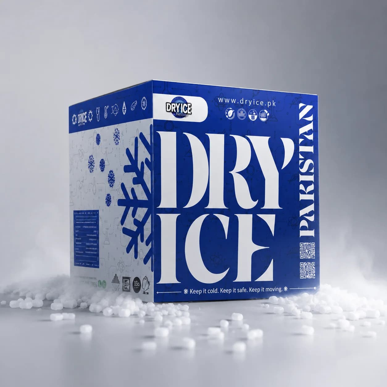 Dry Ice Pakistan branded insulated packaging and dry ice product visual