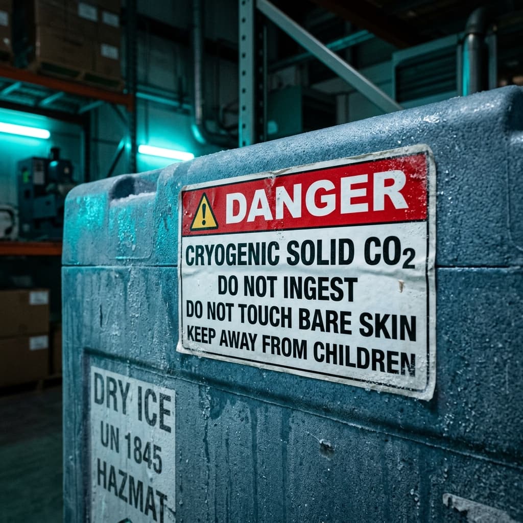 Cryogenic Solid CO2 Danger Warning Sign Sticker on Shipper Container