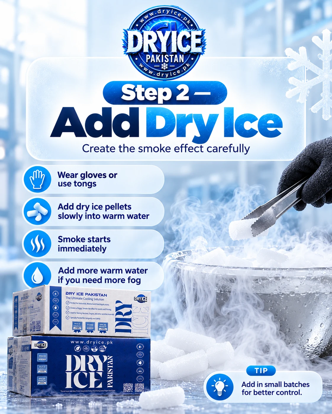 Add dry ice pellets slowly to warm water using gloves or tongs to create a controlled fog effect