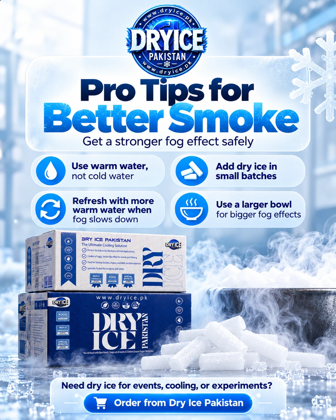 Pro tips for stronger dry ice fog using warm water, small batches and a larger open bowl