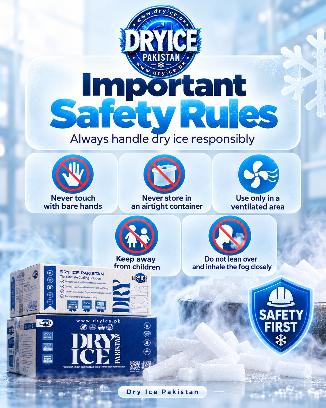 Dry ice smoke safety rules including gloves, ventilation, no airtight containers and keeping children away