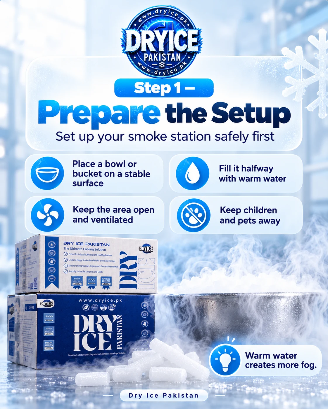 Step 1 prepare a safe dry ice smoke setup with warm water, stable bowl and ventilation