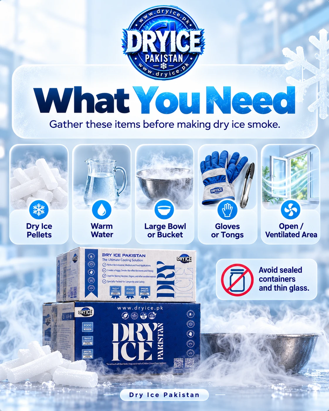 What you need to make dry ice smoke including dry ice pellets, warm water, bowl, gloves and ventilation