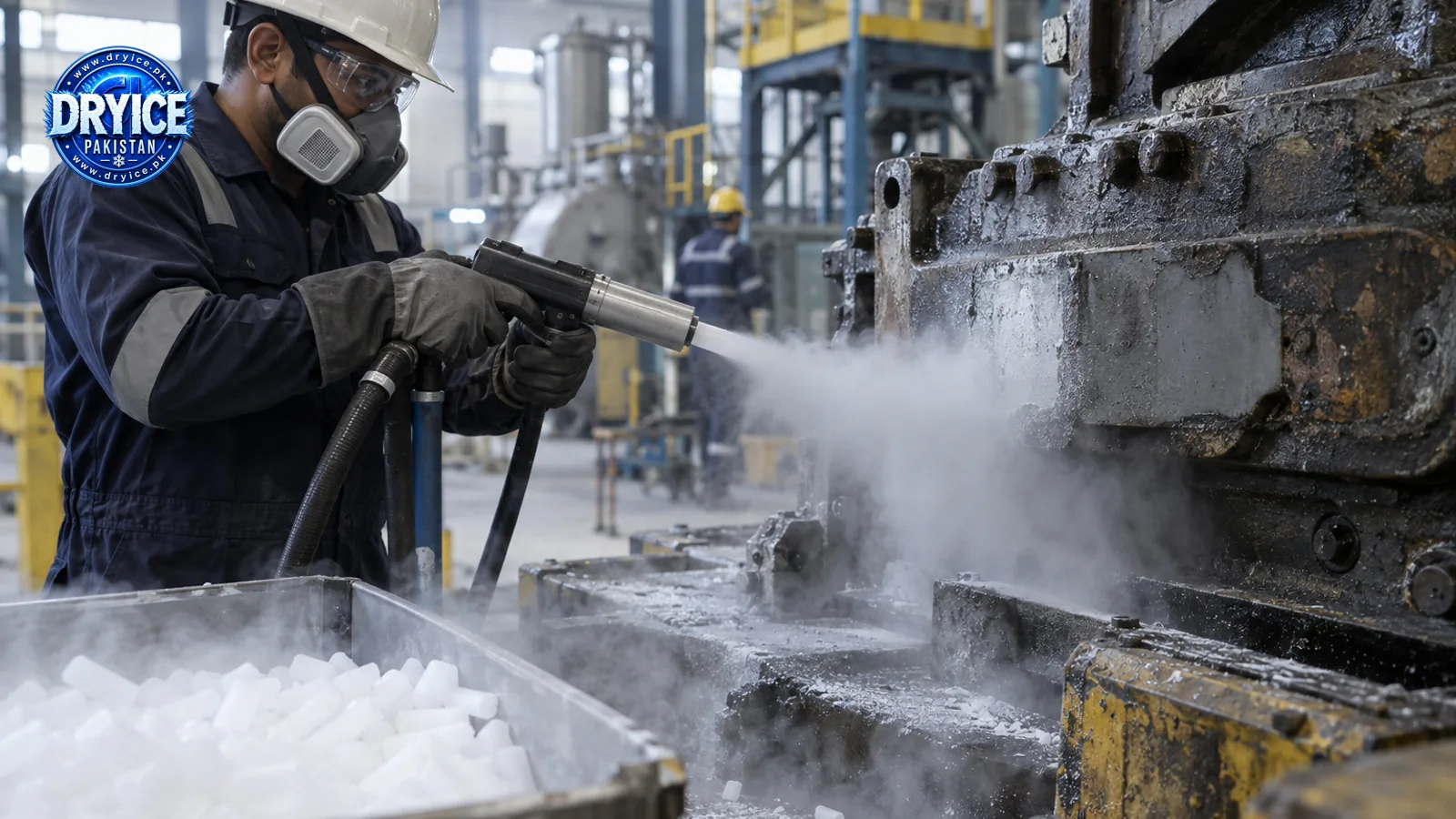Dry ice blasting equipment in use