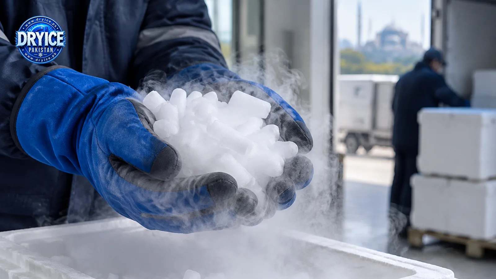 Person wearing insulated gloves handling dry ice safely