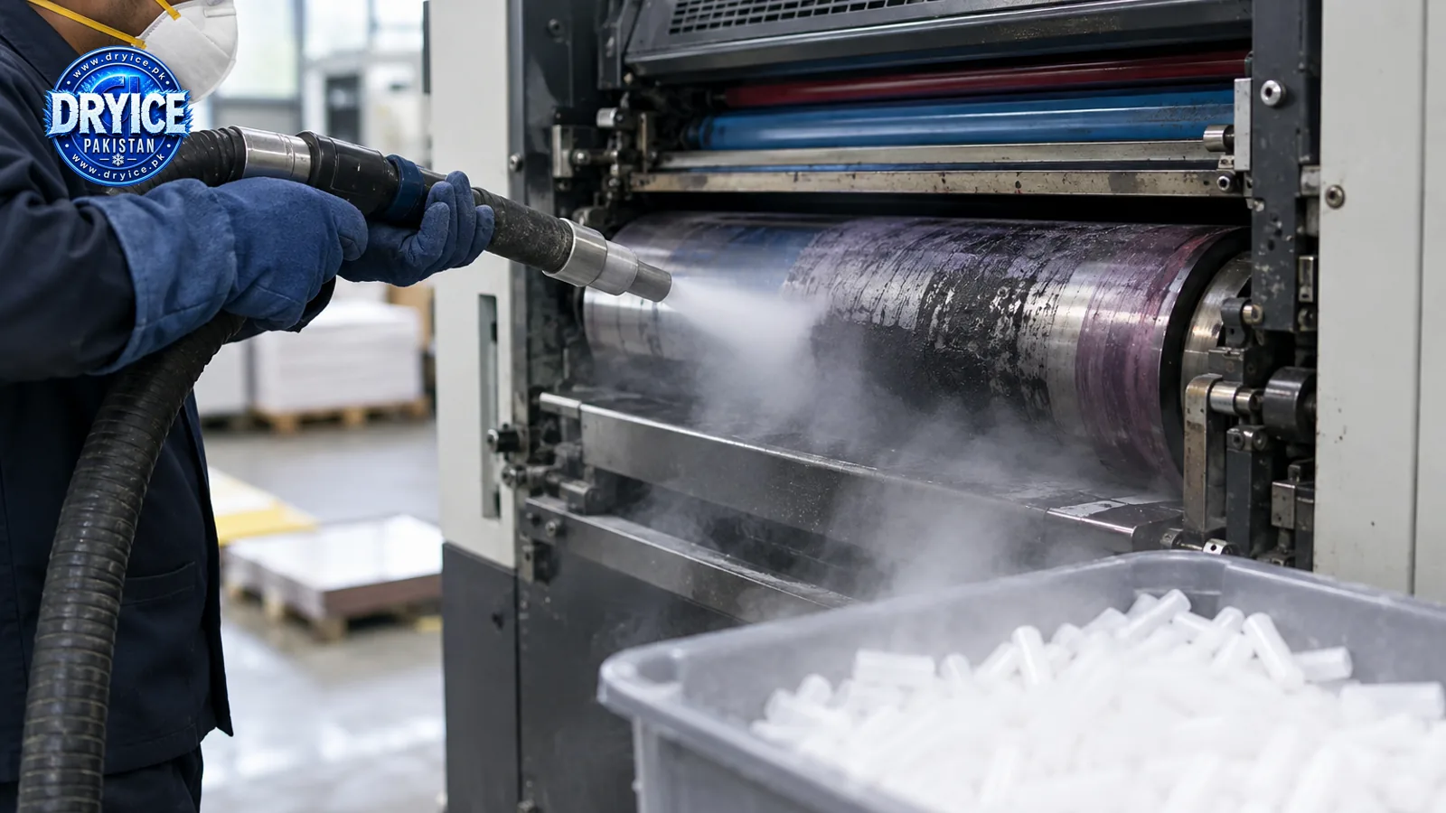 Printing press roller being cleaned with dry ice blasting