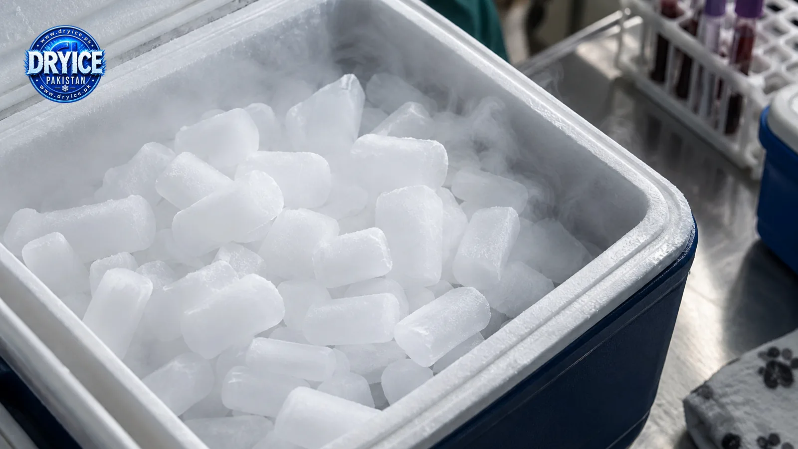 Dry ice pellets in insulated container for veterinary sample transport