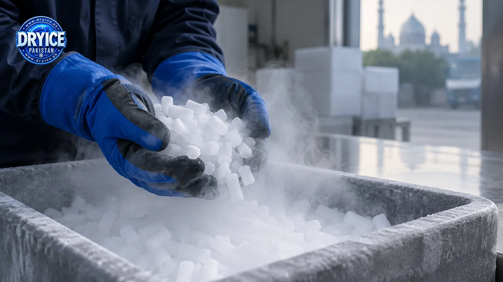 Handling dry ice safely with insulated gloves