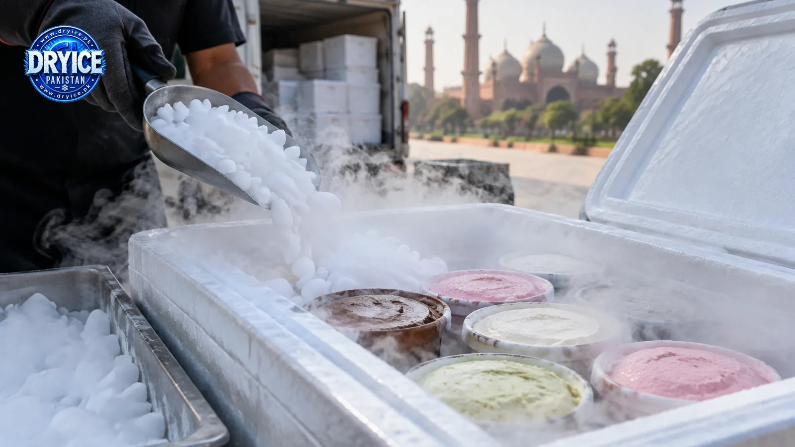 Dry ice pellets used for ice cream transport