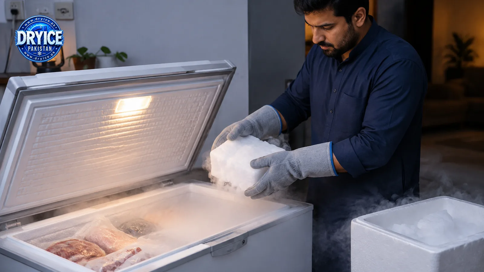 Handling dry ice safely with insulated gloves