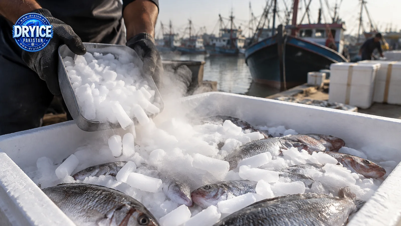 Dry ice pellets packed with fresh seafood in insulated container