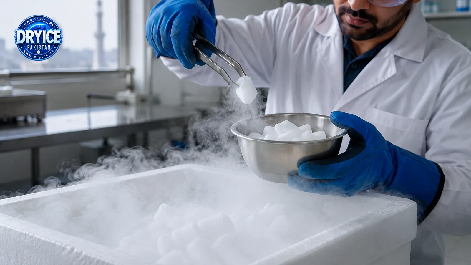 Handling dry ice with insulated gloves