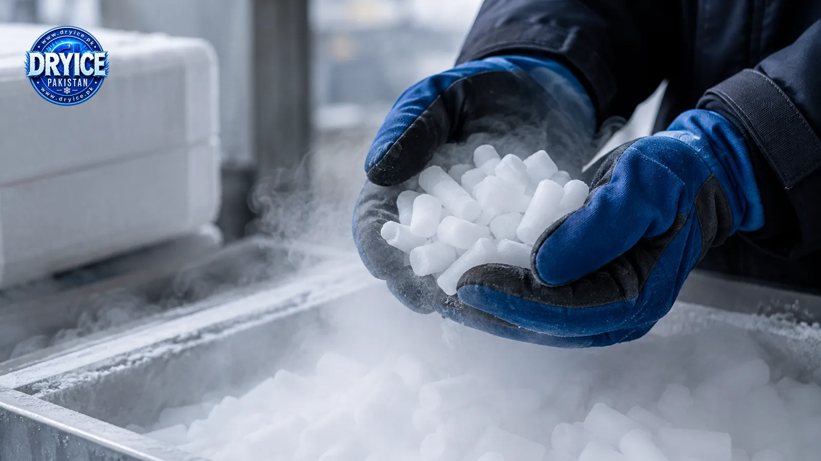 Handling dry ice with insulated gloves