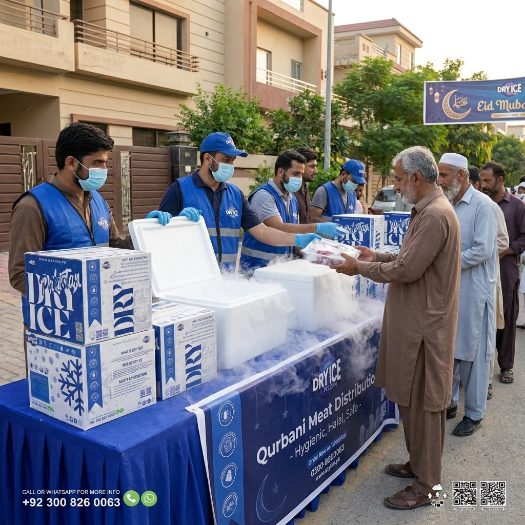 Dry ice for collective Qurbani meat distribution in Karachi