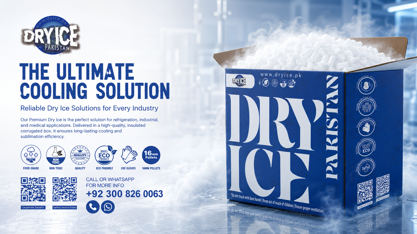 Contact dry ice supplier in Pakistan with Dry Ice Pakistan branded box and pellets